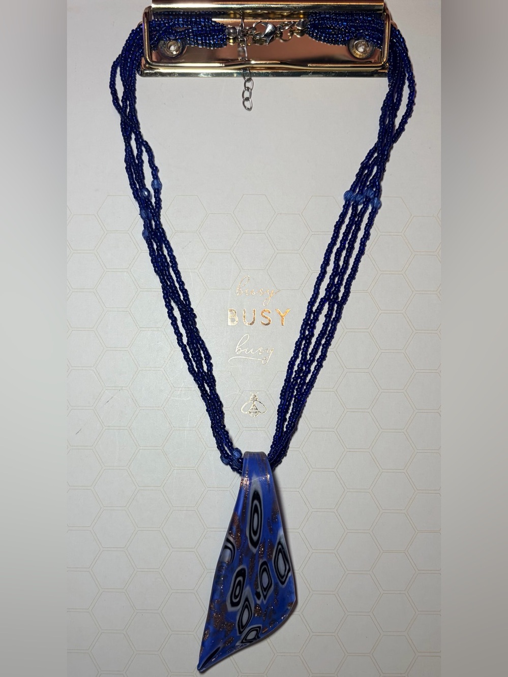 Blue Glass Pendant Multi-Strand Beaded Necklace